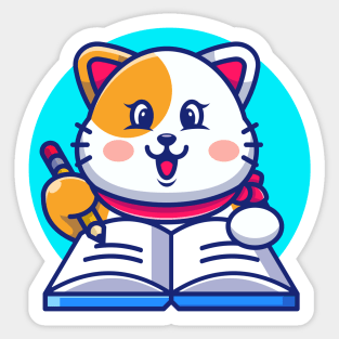 Cute cat writing on book with pencil cartoon Sticker